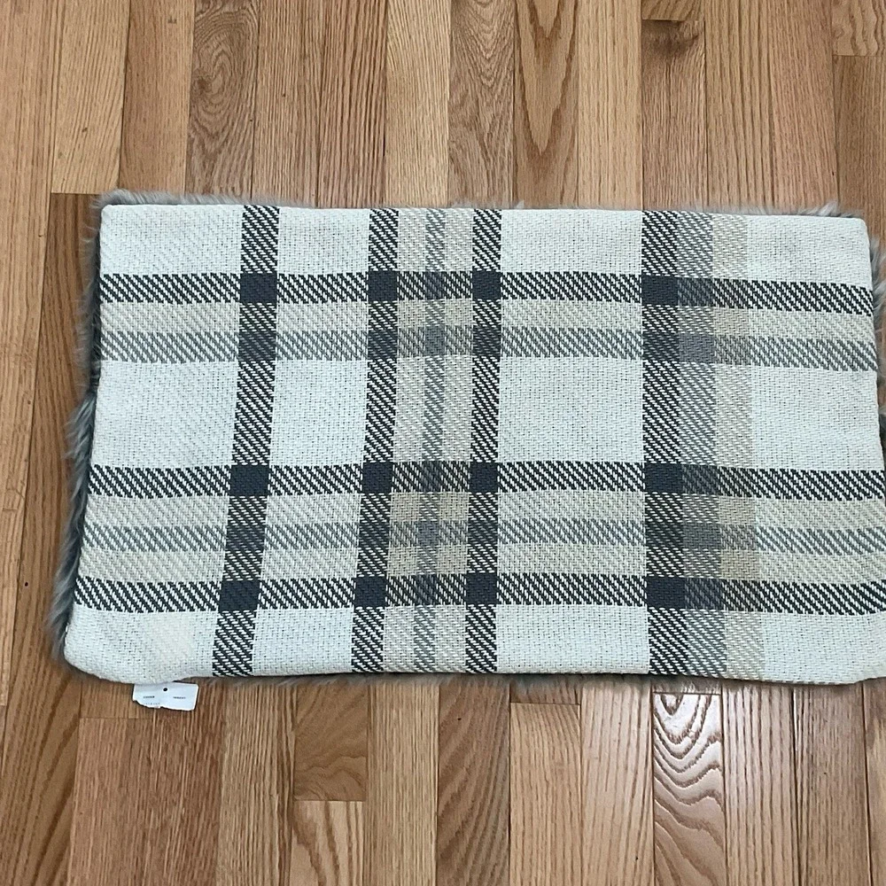 NWT Pottery Barn Throw Pillow Cover Nottingham Plaid Faux Fur Back Lumbar Decor